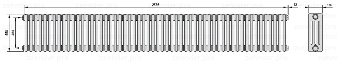 Схема (чертеж) Радиатор Zehnder Charleston 4055/56 №1270 Белый глянцевый RAL 9016